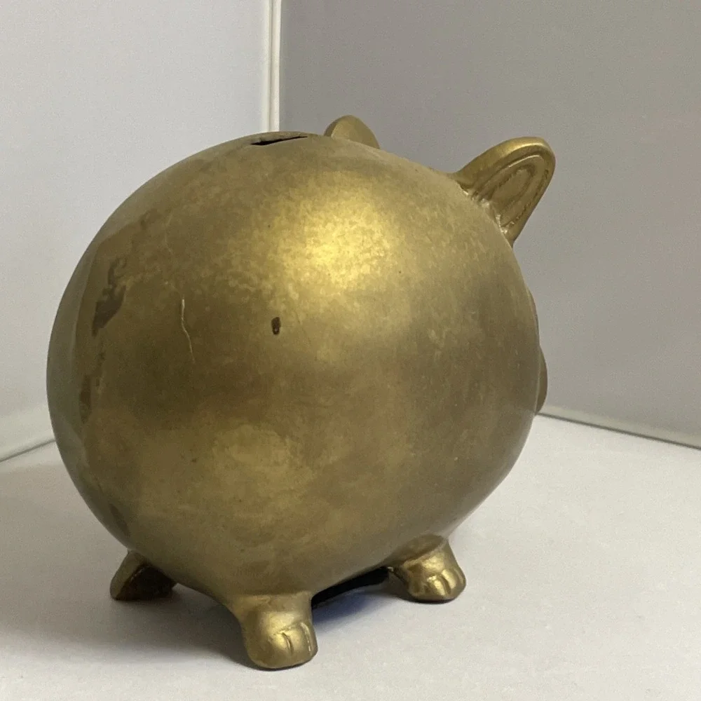 Vintage Solid Brass Chubby Pig‎ Piggy Bank Heavy Adorable 5